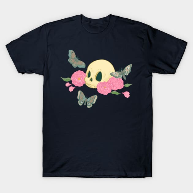 Skull with Moths and Peonies T-Shirt by Carabara Designs